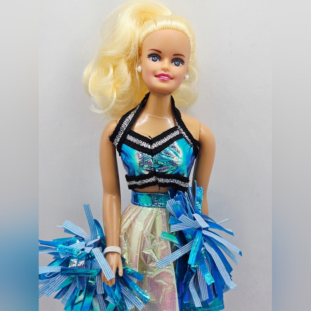 Vintage Blonde Cheerleader Doll Blue Outfit With PomPoms Blue white - Picture 3 of 5